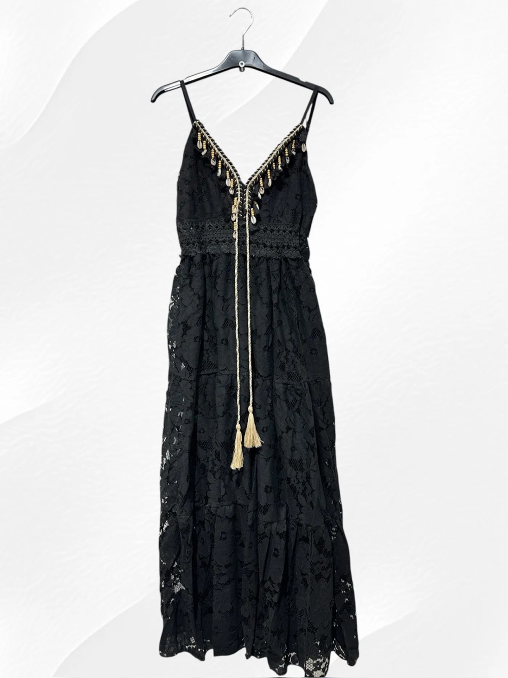 MADE IN ITALY  Lace Maxi Dress with V-Neck and Tassel Detail - Picture 2 of 2